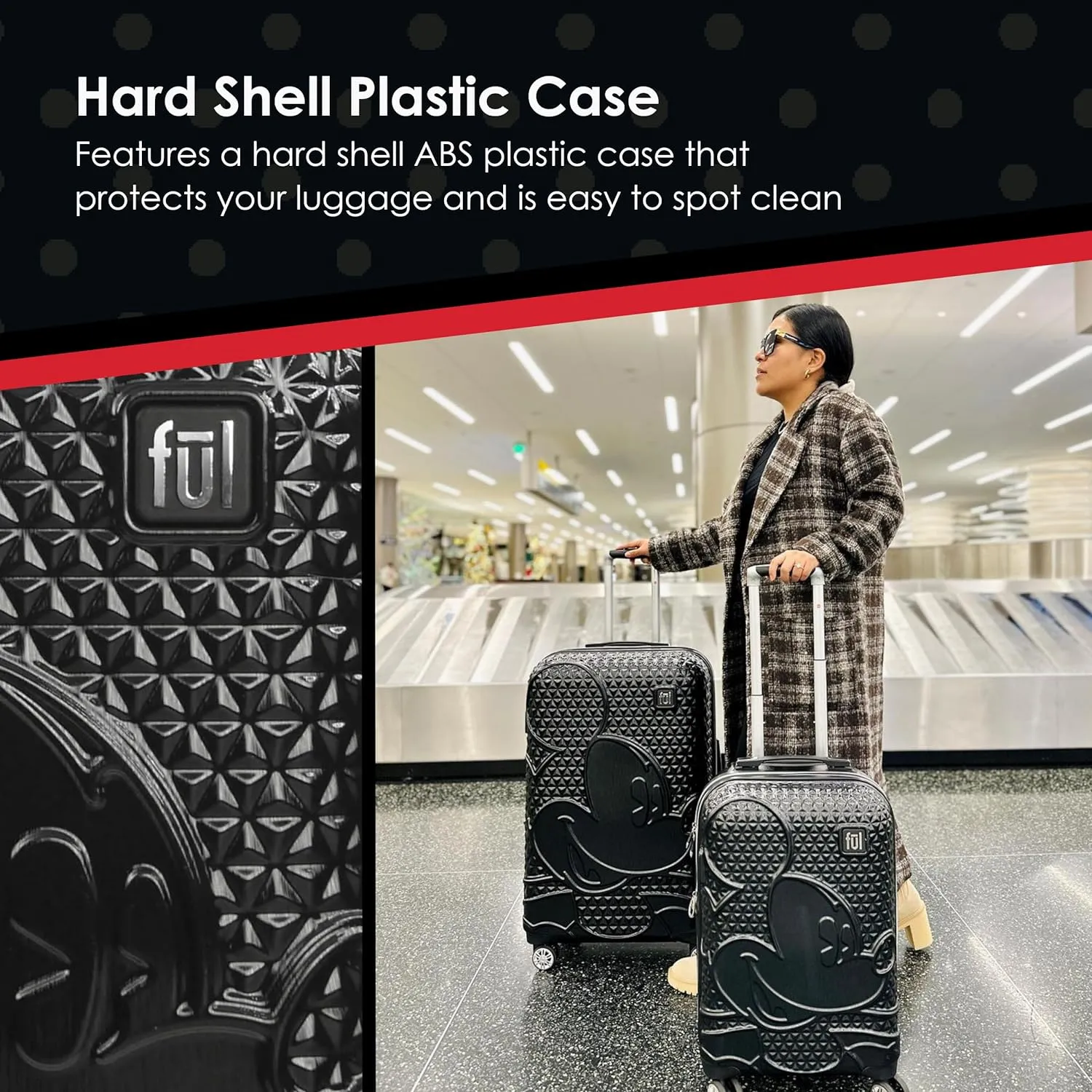 FUL Disney Mickey Mouse 21 Inch Carry On Luggage, Hardshell Rolling Suitcase with Spinner Wheels, Black