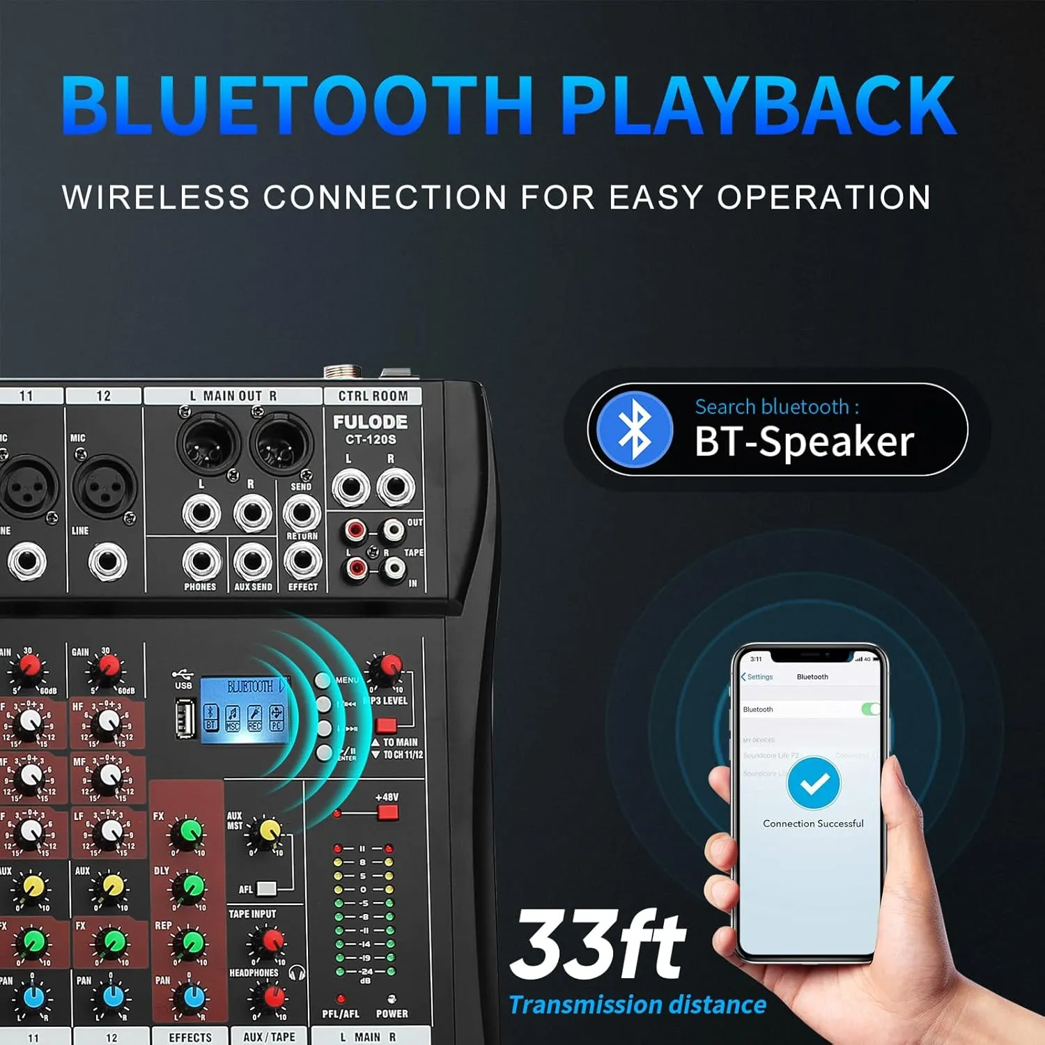 FULODE CT120S 12channel mixer audio,Console with Bluetooth USB, dj mixer,dj equipment for Computer Recording Input, 48V Power, Beginners
