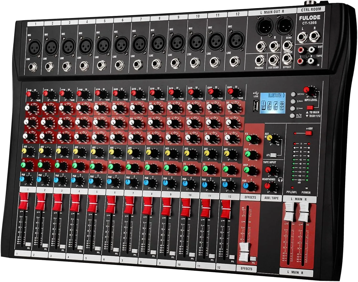 FULODE CT120S 12channel mixer audio,Console with Bluetooth USB, dj mixer,dj equipment for Computer Recording Input, 48V Power, Beginners