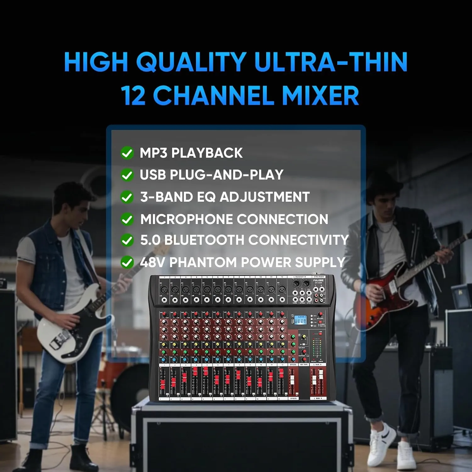 FULODE CT120S 12channel mixer audio,Console with Bluetooth USB, dj mixer,dj equipment for Computer Recording Input, 48V Power, Beginners
