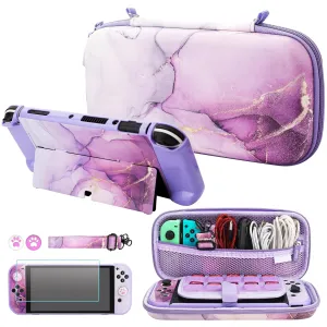 FUNDIARY Purple Marble Carrying Case for Nintendo Switch OLED, Portable Accessories for Switch Console Joycon with Storage Travel Case, Dockable PC Cover, Screen Protector, Shoulder Strap & Thumb Caps