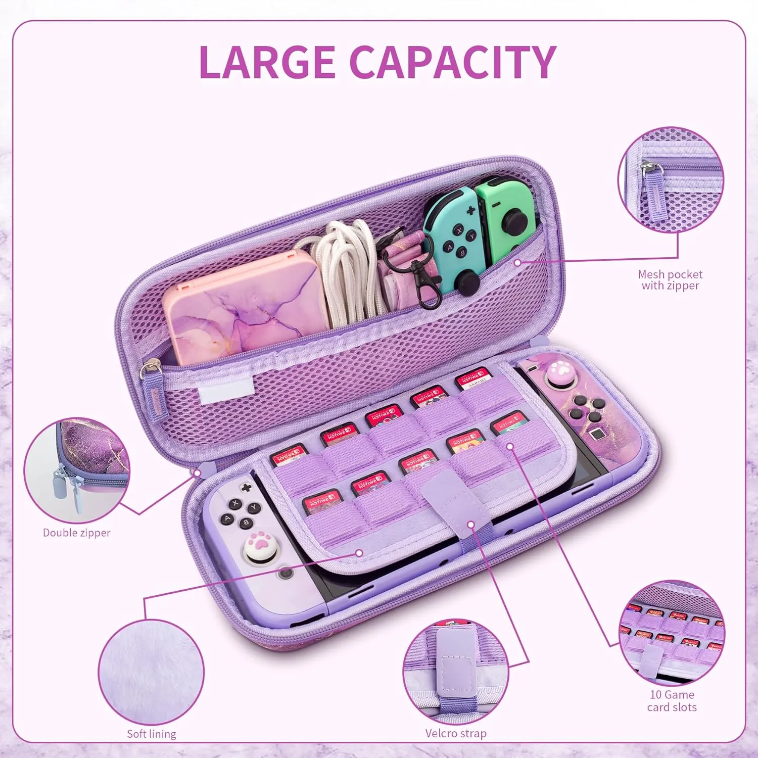 FUNDIARY Purple Marble Carrying Case for Nintendo Switch OLED, Portable Accessories for Switch Console Joycon with Storage Travel Case, Dockable PC Cover, Screen Protector, Shoulder Strap & Thumb Caps