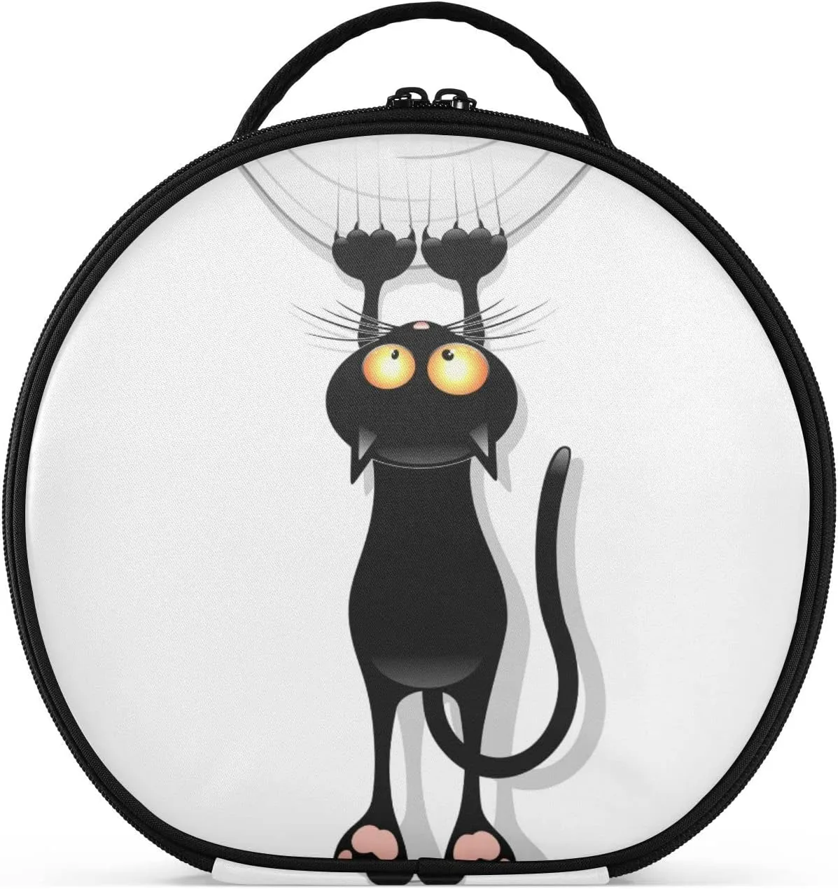 Funny Black Cat Cartoon Scratching Curtains on White Women's Portable Round Makeup Bag with Handle, Cosmetic Bag, Adjustable Dividers, Travel Cosmetic Storage 11 x 3.5 x 10 inch