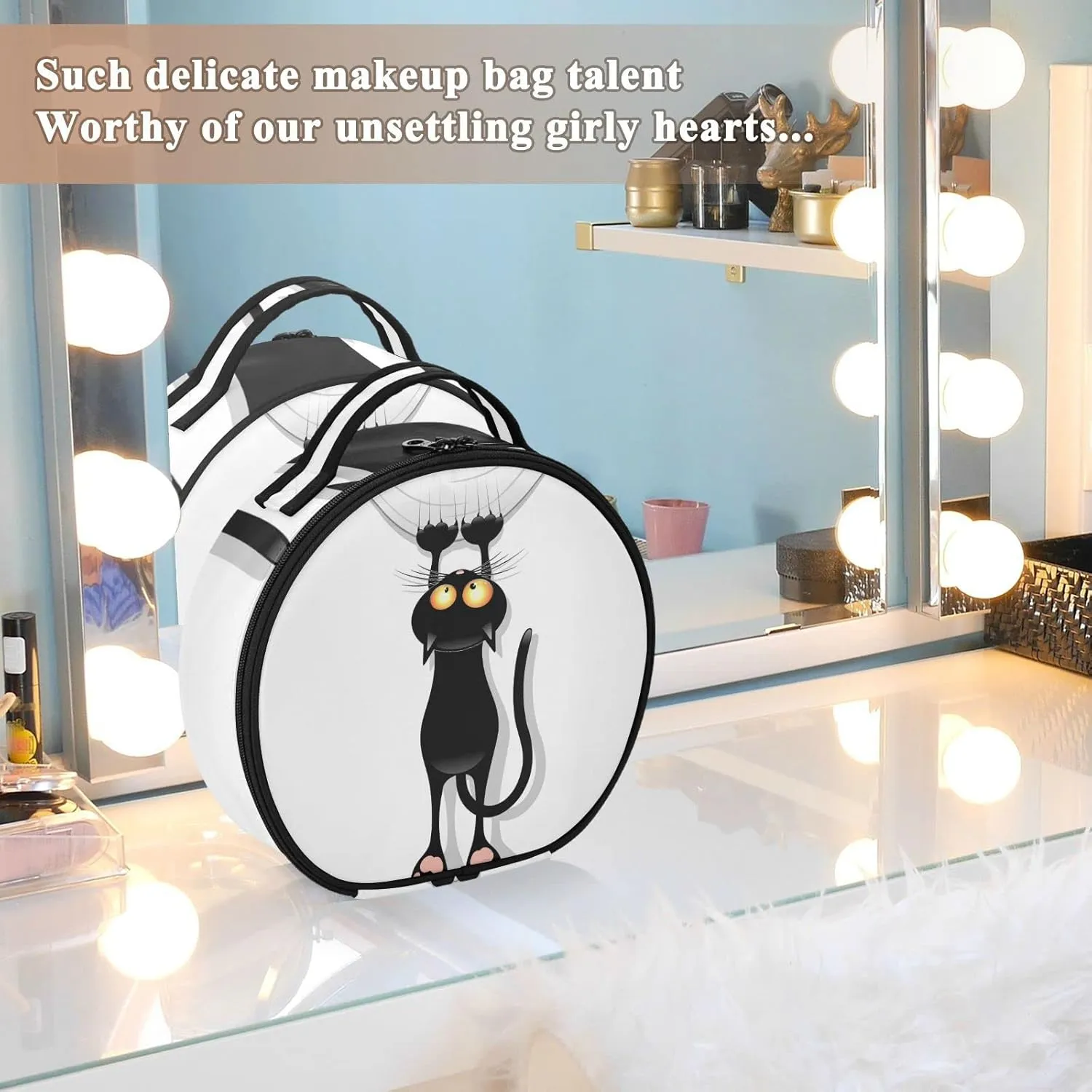 Funny Black Cat Cartoon Scratching Curtains on White Women's Portable Round Makeup Bag with Handle, Cosmetic Bag, Adjustable Dividers, Travel Cosmetic Storage 11 x 3.5 x 10 inch