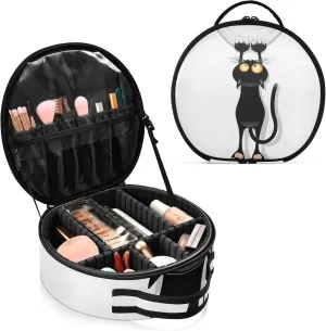 Funny Black Cat Cartoon Scratching Curtains on White Women's Portable Round Makeup Bag with Handle, Cosmetic Bag, Adjustable Dividers, Travel Cosmetic Storage 11 x 3.5 x 10 inch