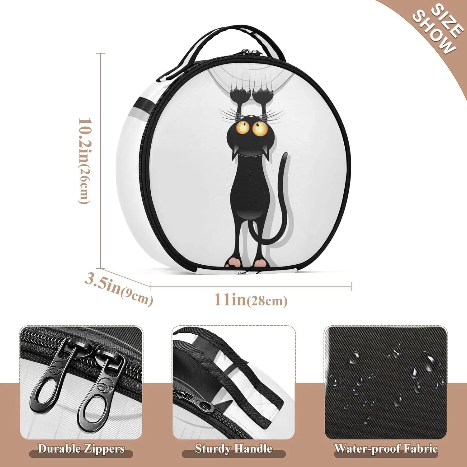 Funny Black Cat Cartoon Scratching Curtains on White Women's Portable Round Makeup Bag with Handle, Cosmetic Bag, Adjustable Dividers, Travel Cosmetic Storage 11 x 3.5 x 10 inch