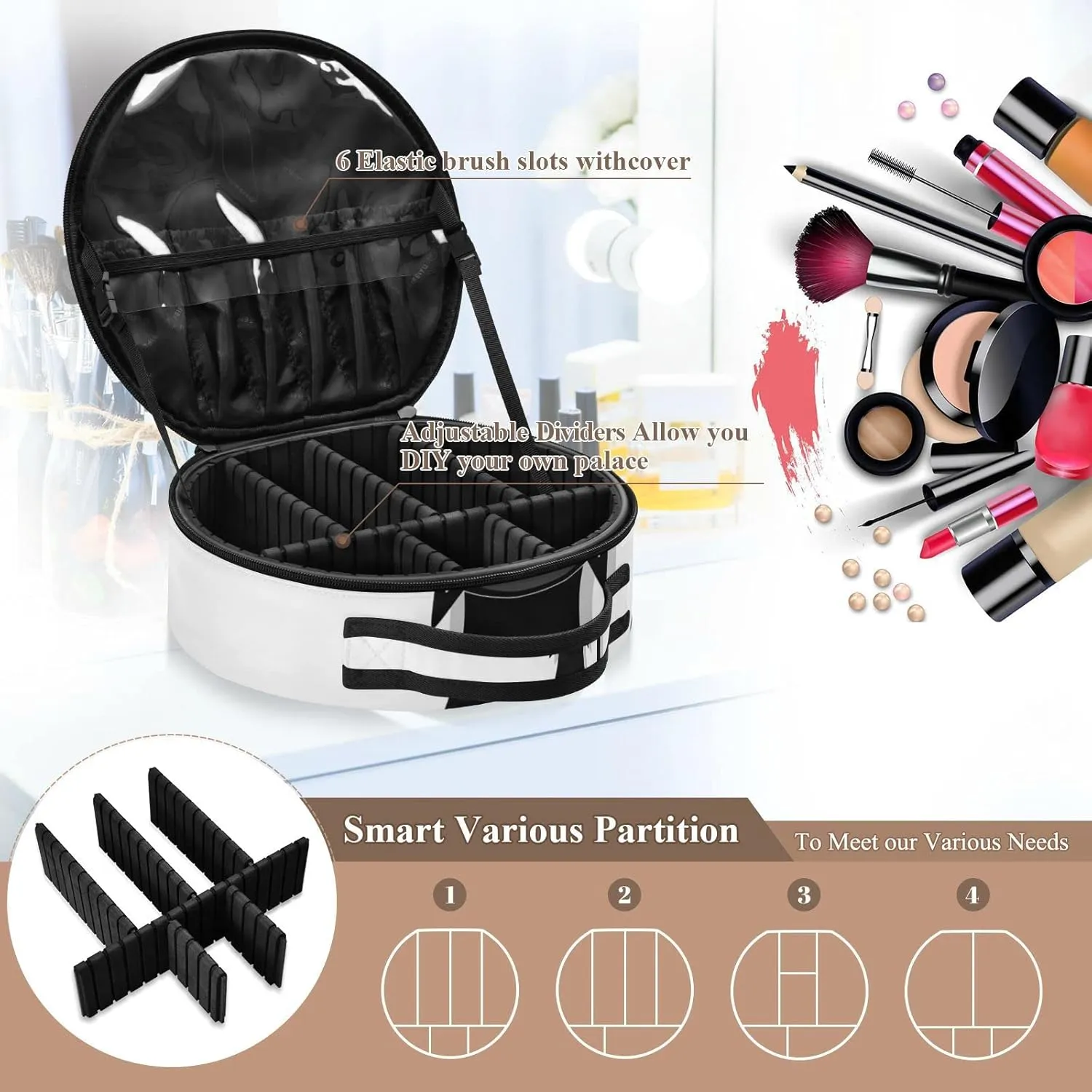 Funny Black Cat Cartoon Scratching Curtains on White Women's Portable Round Makeup Bag with Handle, Cosmetic Bag, Adjustable Dividers, Travel Cosmetic Storage 11 x 3.5 x 10 inch