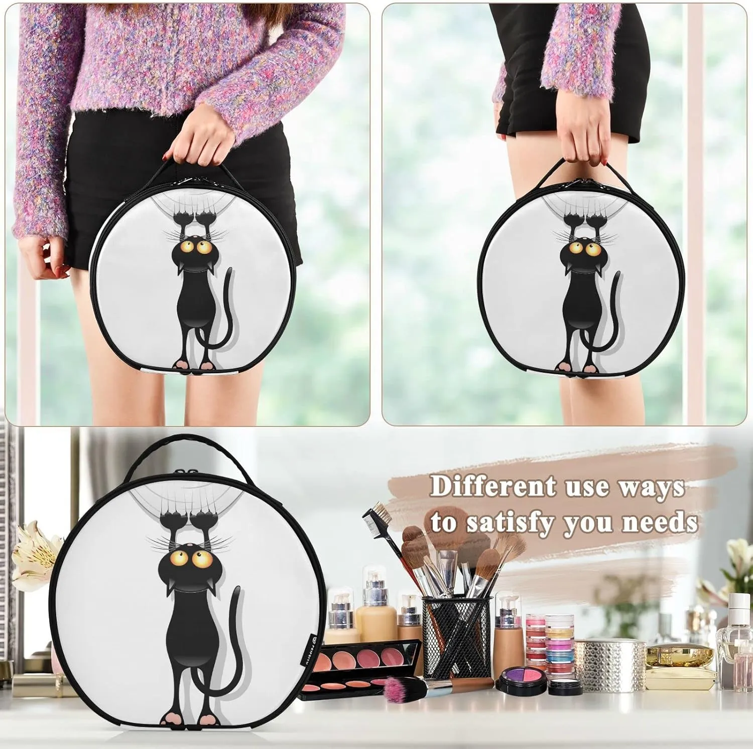 Funny Black Cat Cartoon Scratching Curtains on White Women's Portable Round Makeup Bag with Handle, Cosmetic Bag, Adjustable Dividers, Travel Cosmetic Storage 11 x 3.5 x 10 inch