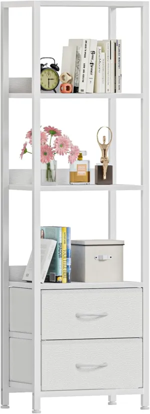 Furnulem 4-Tier Corner Shelf, Bookshelf with 2 Storage Drawers, 57.28”Tall Narrow Bookcase, Standing Shelf Organizer Unit for Living Room, Bedroom, Metal Frame, Wood Display Shelf
