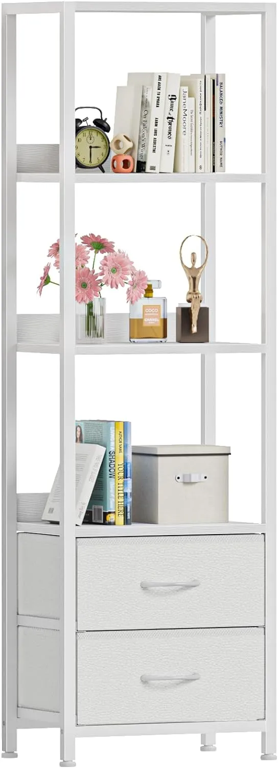 Furnulem 4-Tier Corner Shelf, Bookshelf with 2 Storage Drawers, 57.28”Tall Narrow Bookcase, Standing Shelf Organizer Unit for Living Room, Bedroom, Metal Frame, Wood Display Shelf