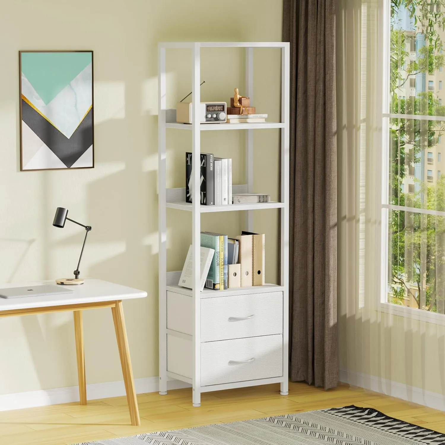 Furnulem 4-Tier Corner Shelf, Bookshelf with 2 Storage Drawers, 57.28”Tall Narrow Bookcase, Standing Shelf Organizer Unit for Living Room, Bedroom, Metal Frame, Wood Display Shelf