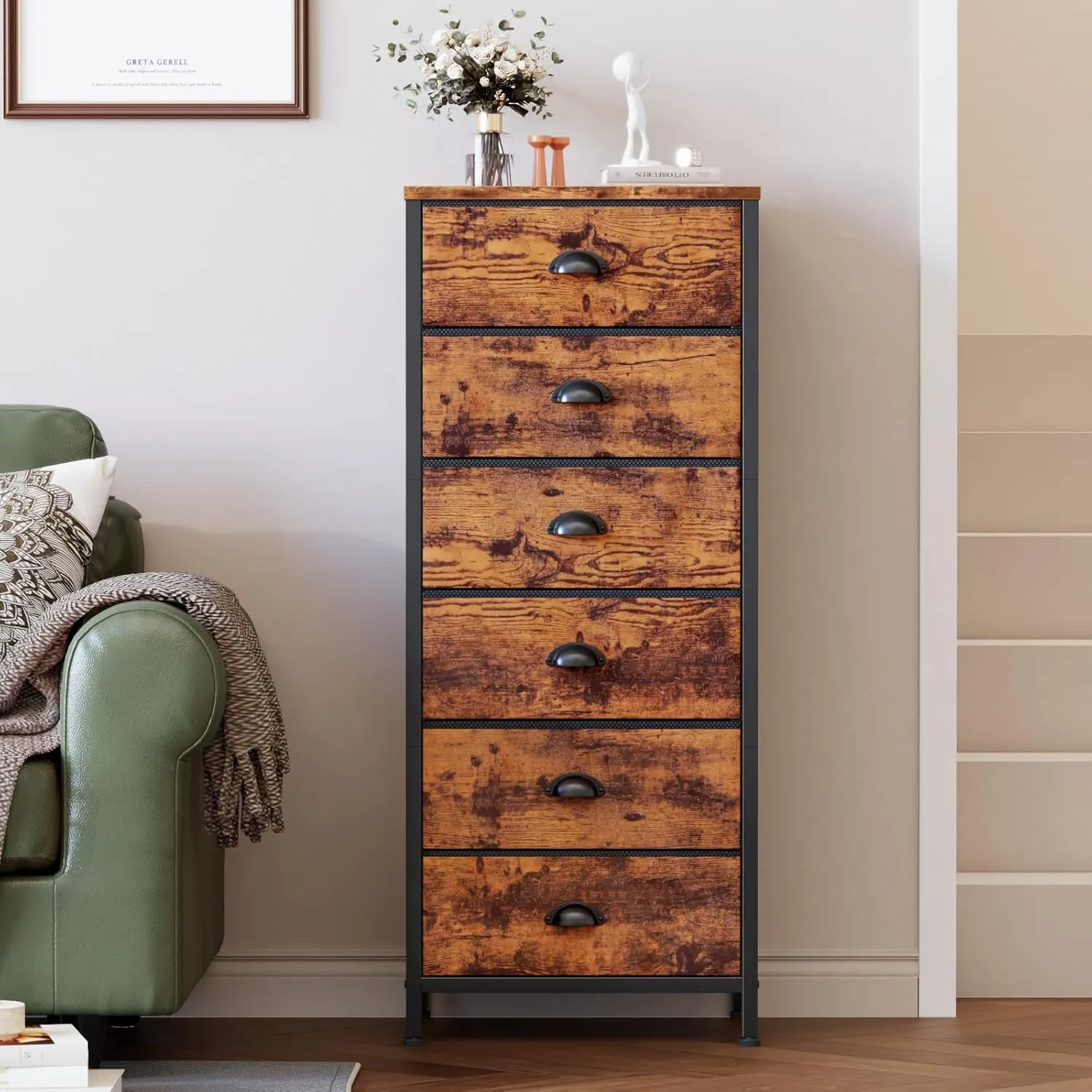 Furnulem Tall Dresser with 6 Drawers,Vertical End Table and Nightstand for Bedroom,Industrial Dorm Bedside Furniture with Fabric Storage Drawer Organizer in Living Room,Closet,Entryway(Rustic Brown)