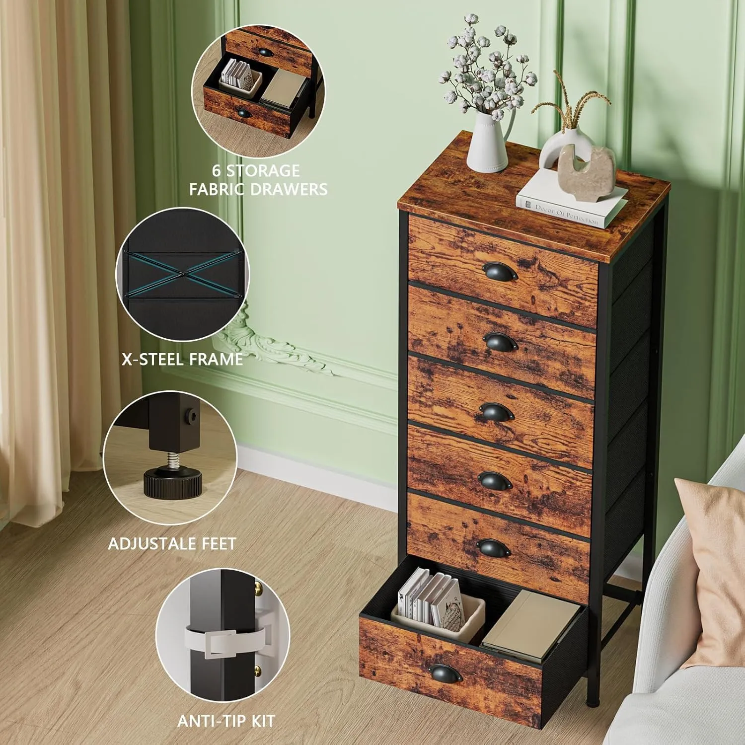 Furnulem Tall Dresser with 6 Drawers,Vertical End Table and Nightstand for Bedroom,Industrial Dorm Bedside Furniture with Fabric Storage Drawer Organizer in Living Room,Closet,Entryway(Rustic Brown)