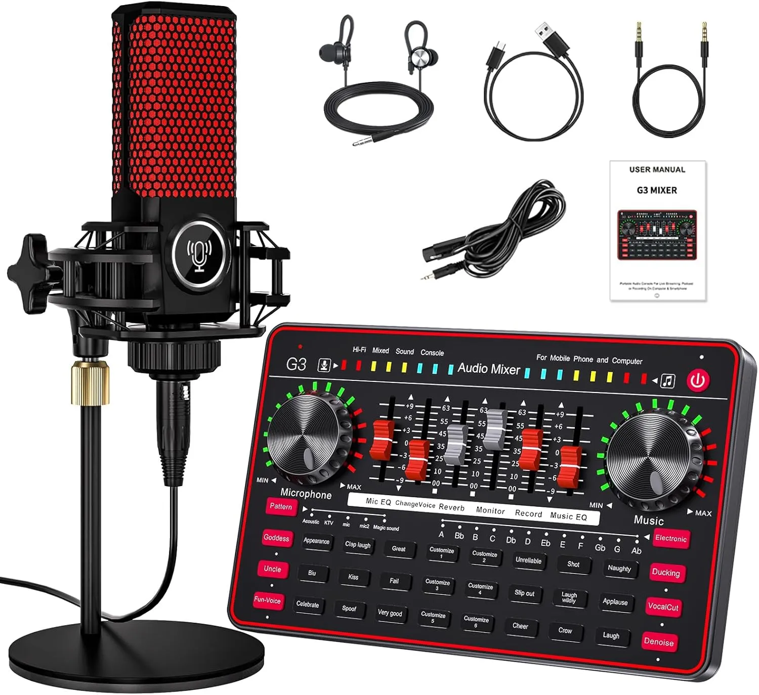G3 Audio Mixer for Podcast Equipment Bundle，Live Sound Card for Streaming，Audio Interface DJ Mixer Sound Card/Board Condenser Microphone for Tiktok Gaming Video Content Creator