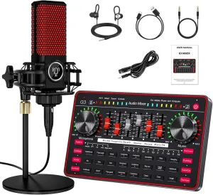 G3 Audio Mixer for Podcast Equipment Bundle，Live Sound Card for Streaming，Audio Interface DJ Mixer Sound Card/Board Condenser Microphone for Tiktok Gaming Video Content Creator