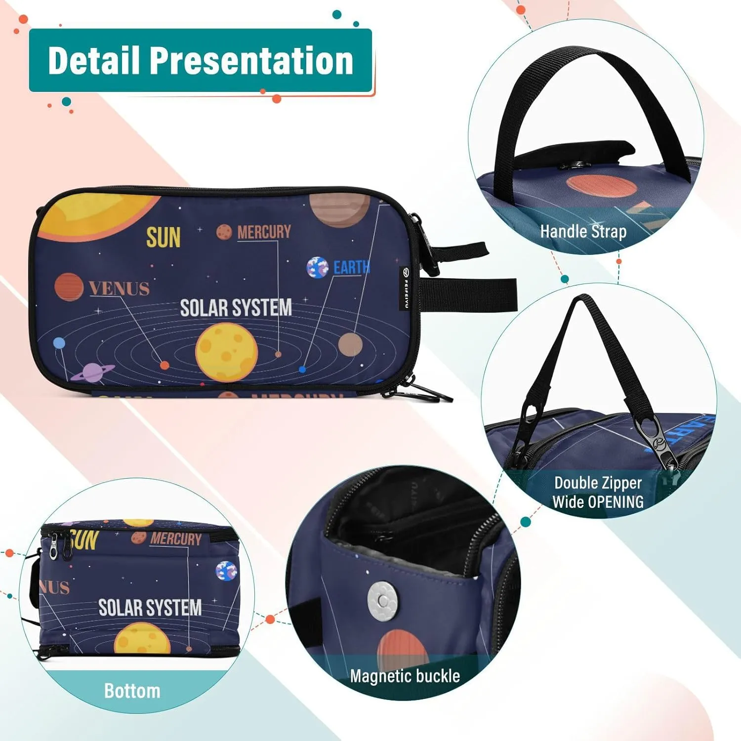 Galaxy Space Seamless Colorful Planets Stars Comets on Black Women's Portable Makeup Bag with Handle, Cosmetic Bag, Travel Cosmetic Bag Durable Toiletry Storage Organizer 11 x 7 x 5.7 inch