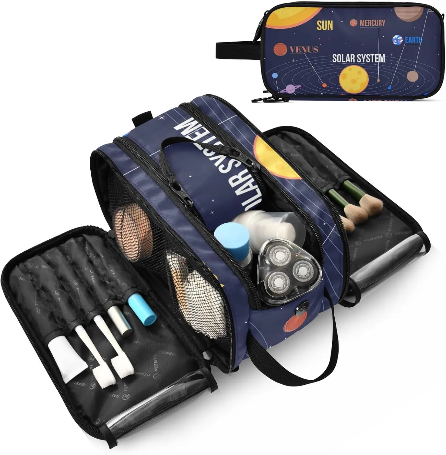 Galaxy Space Seamless Colorful Planets Stars Comets on Black Women's Portable Makeup Bag with Handle, Cosmetic Bag, Travel Cosmetic Bag Durable Toiletry Storage Organizer 11 x 7 x 5.7 inch
