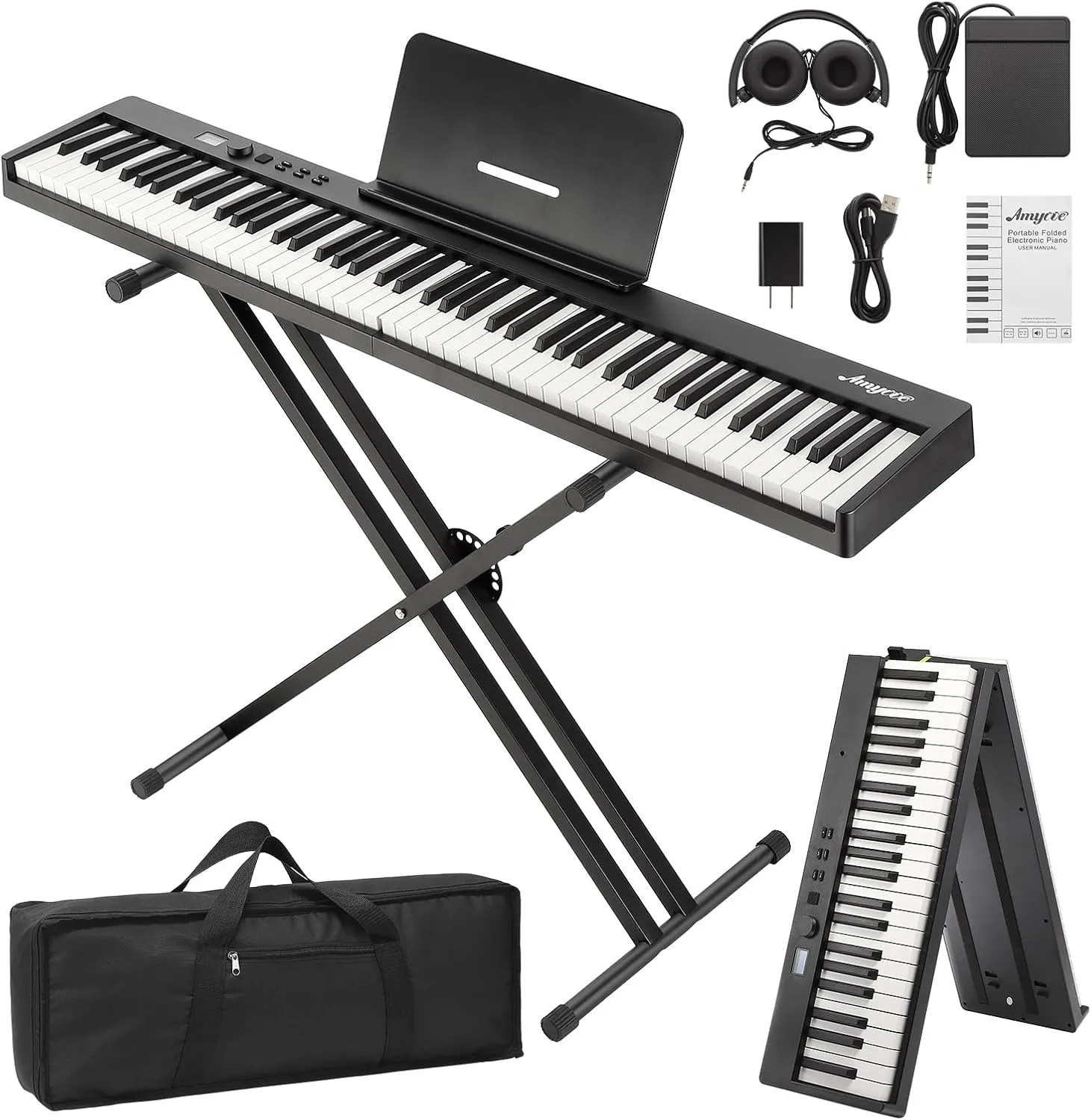 GAOMON Folding Piano Keyboard,Portable Piano Keyboard 88 Keys for Beginner,Full Size Digital Piano with Piano Stand,Sustain Pedal,Headphones, Handbag, Bluetooth, USB MIDI for Beginner,Kids,Adult