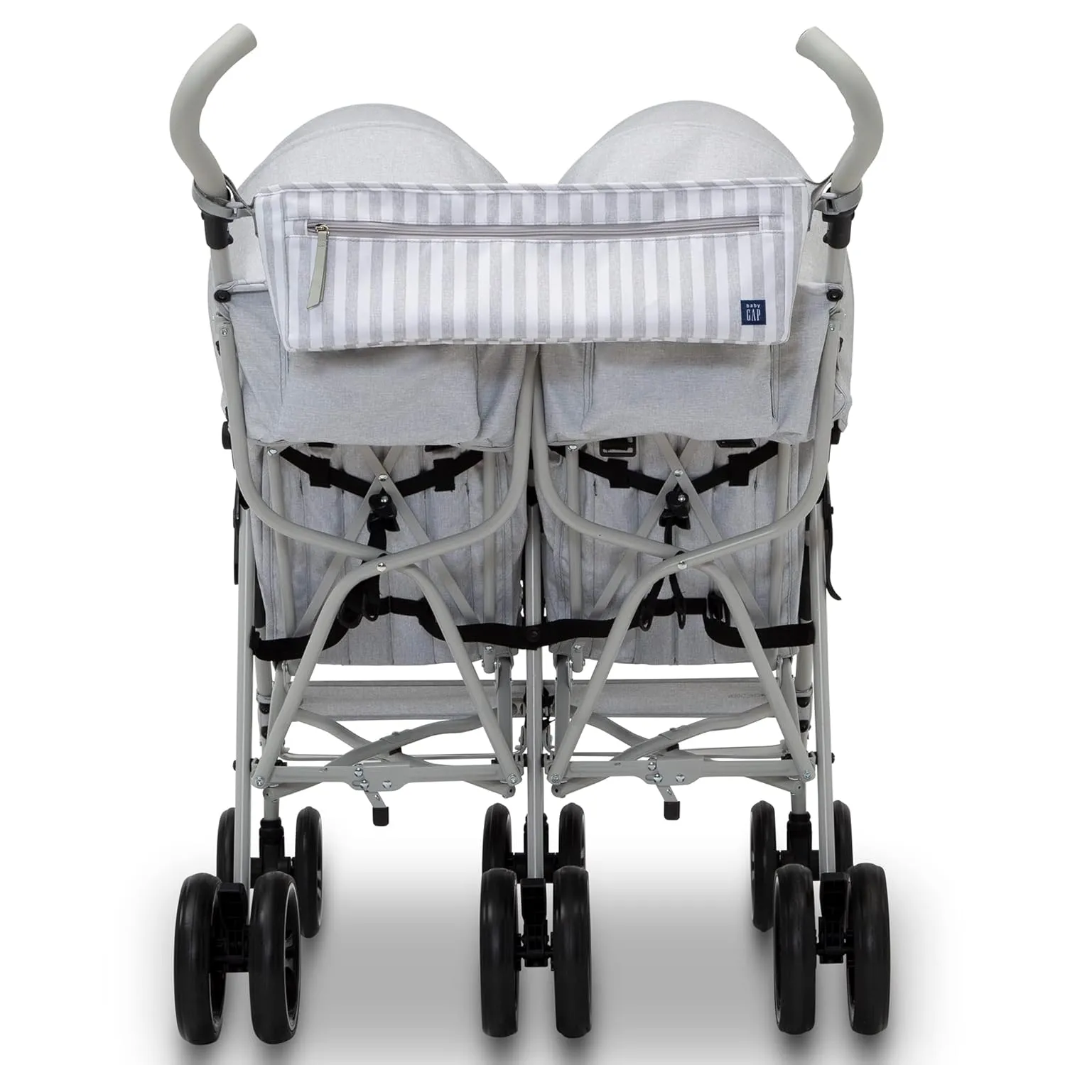 GAP babyGap Classic Side-by-Side Double Stroller - Lightweight Double Stroller with Recline, Extendable Sun Visors & Compact Fold - Made with Sustainable Materials, Grey Stripes