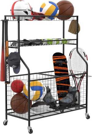 Garage Ball and Sports Equipment Organizer, Ball Storage Rack Indoor/Outdoor Kids Ball/Toy Storage Organizer Bins, Rolling Ball Cart with Baskets