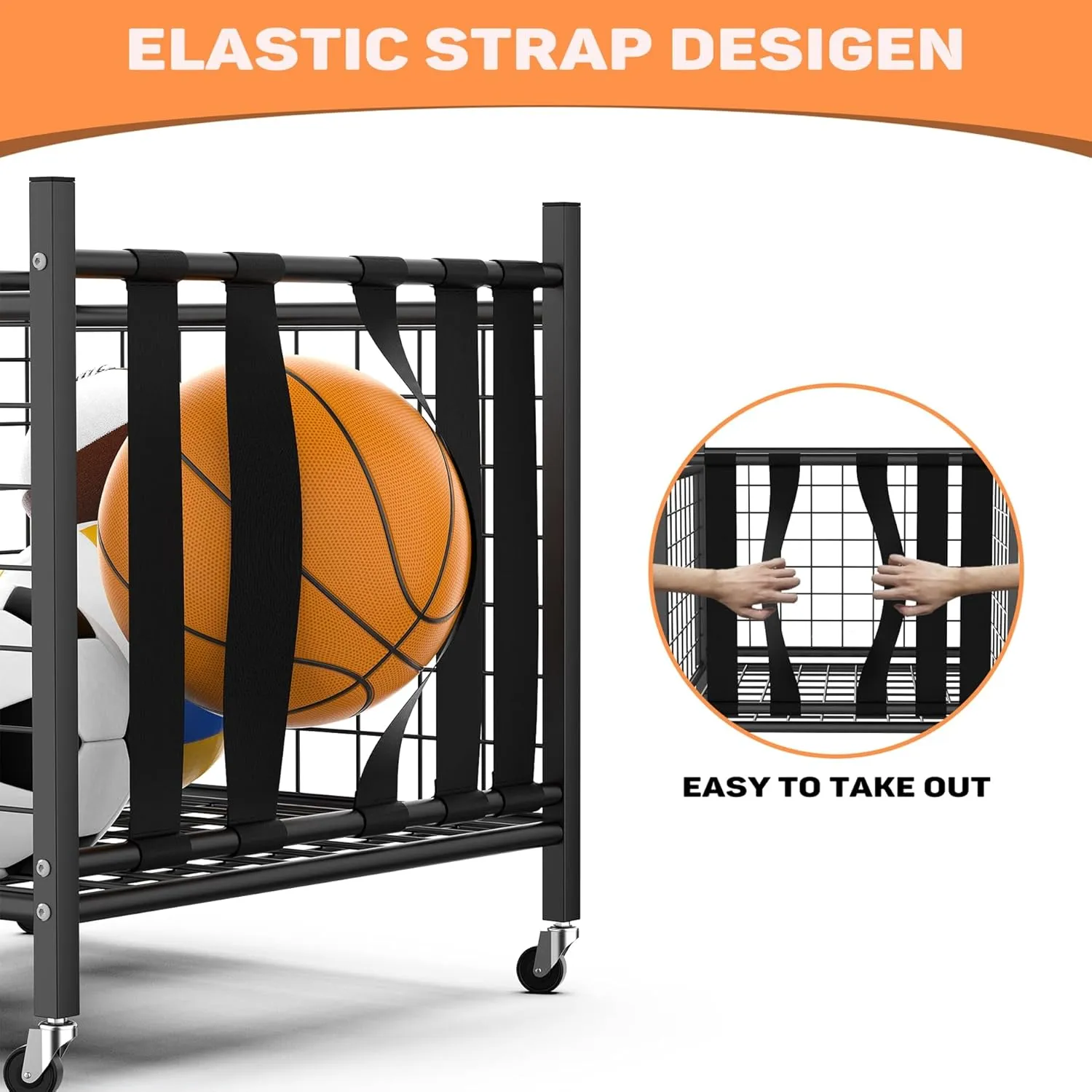 Garage Sports Equipment Organizer, Ball Storage Rack Indoor/Outdoor Rolling Ball Cart with Baskets and Wheels