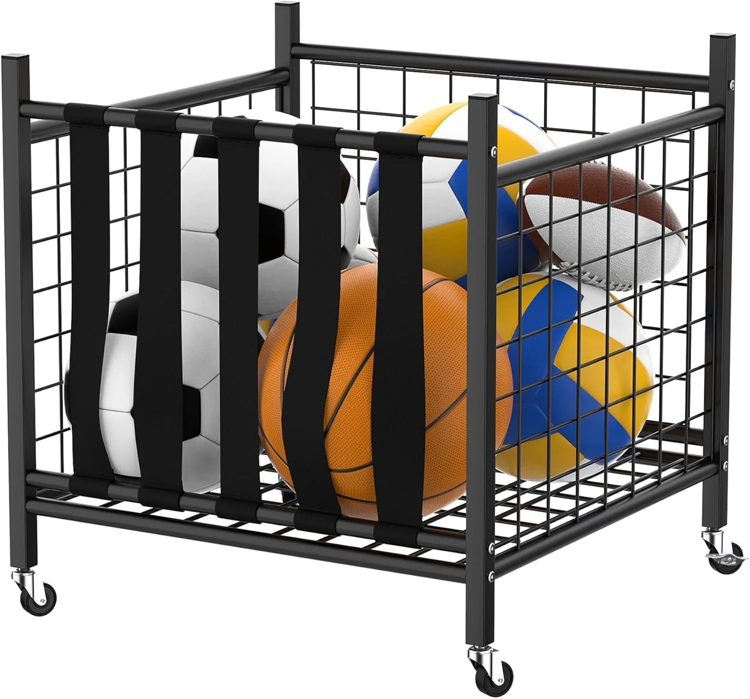 Garage Sports Equipment Organizer, Ball Storage Rack Indoor/Outdoor Rolling Ball Cart with Baskets and Wheels