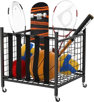 Garage Sports Equipment Organizer, Ball Storage Rack Indoor/Outdoor Rolling Ball Cart with Baskets and Wheels