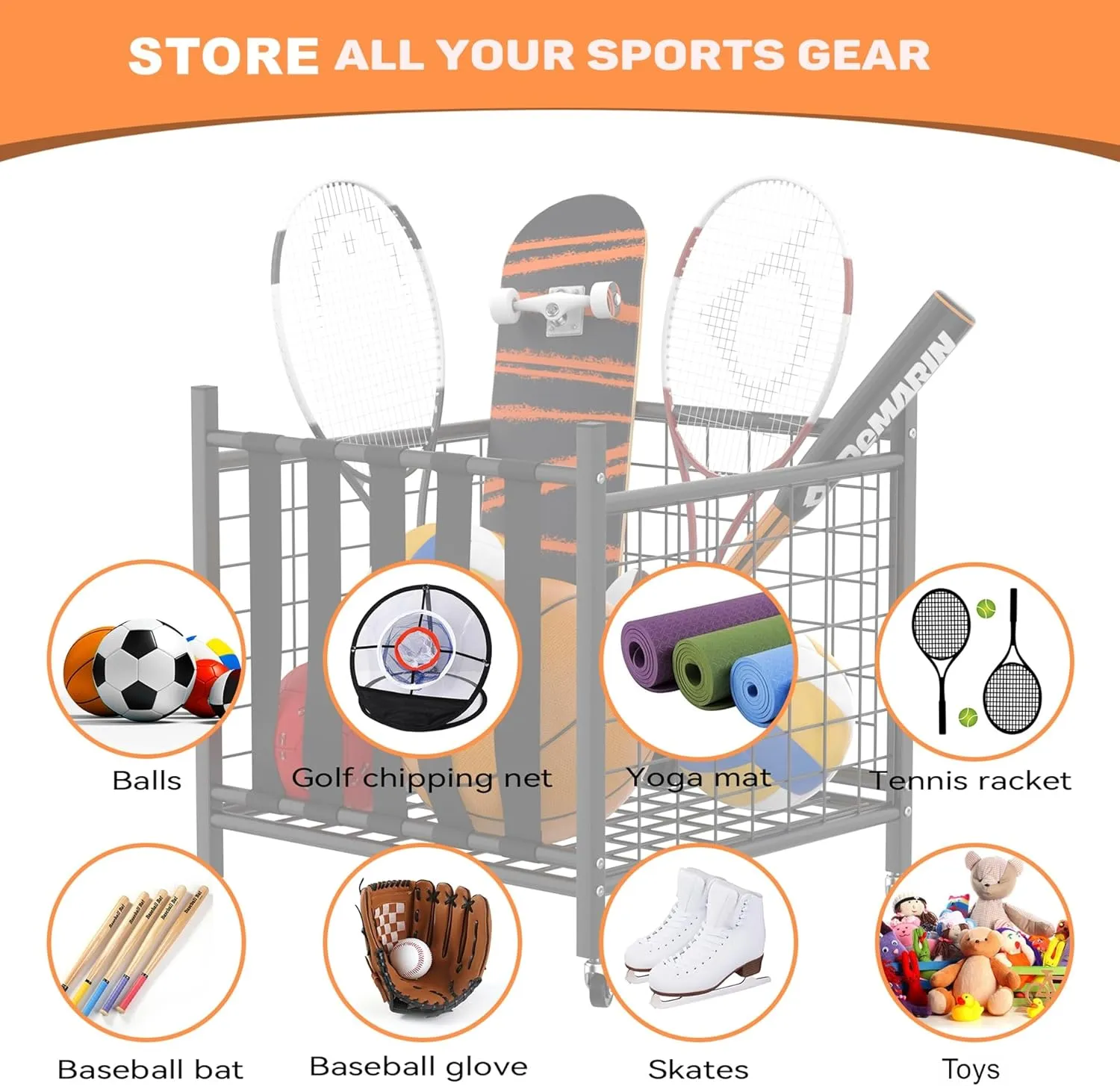 Garage Sports Equipment Organizer, Ball Storage Rack Indoor/Outdoor Rolling Ball Cart with Baskets and Wheels