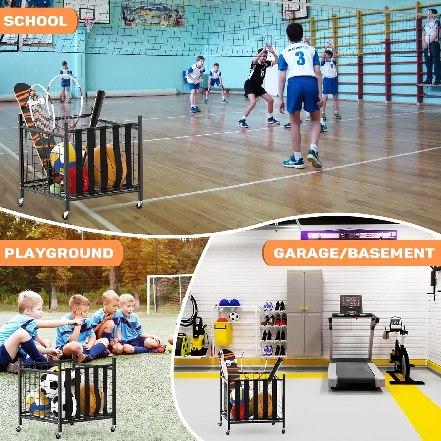 Garage Sports Equipment Organizer, Ball Storage Rack Indoor/Outdoor Rolling Ball Cart with Baskets and Wheels