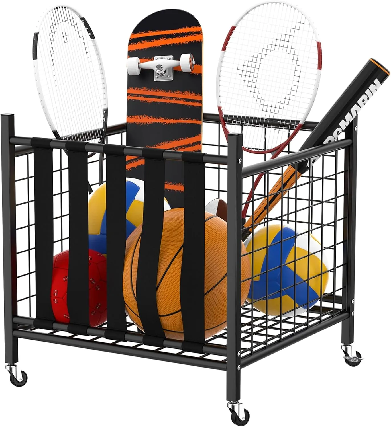 Garage Sports Equipment Organizer, Ball Storage Rack Indoor/Outdoor Rolling Ball Cart with Baskets and Wheels