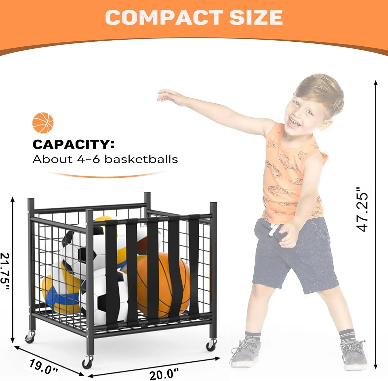 Garage Sports Equipment Organizer, Ball Storage Rack Indoor/Outdoor Rolling Ball Cart with Baskets and Wheels