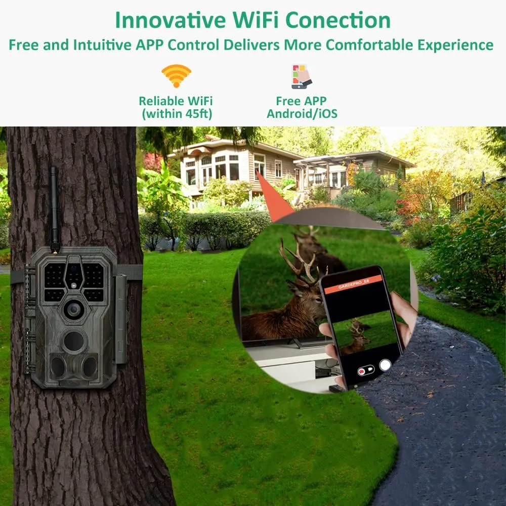 GardePro E8 Trail Camera WiFi 32MP 1296p Fast 0.1s Trigger Speed Motion Activated 100ft Night Vision IP66 Waterproof