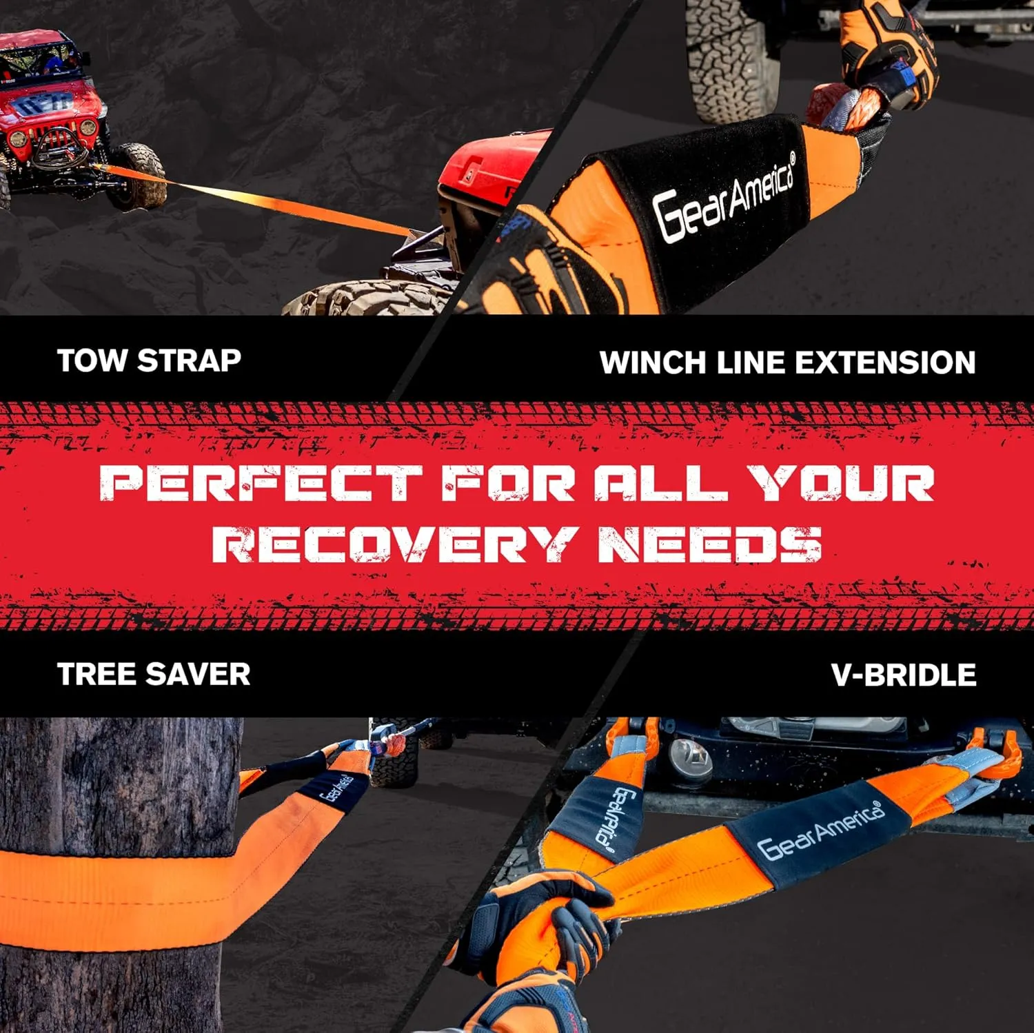 GearAmerica Heavy Duty Tow Strap - 3" x 20' - 35,053 lb Break Strength Tree Saver Winch & Recovery Rope for Offroad - Weather Resistant Triple Reinforced Loop Design