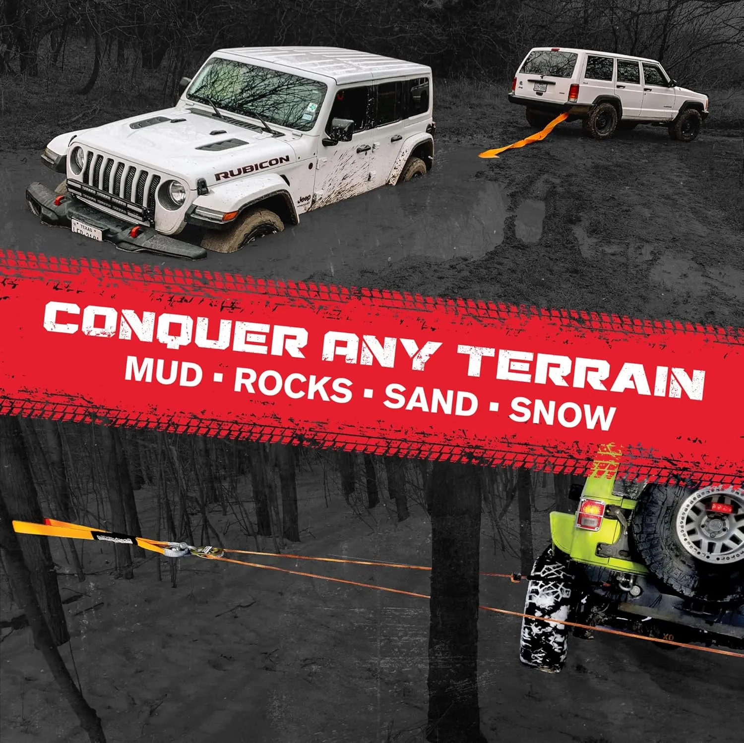 GearAmerica Heavy Duty Tow Strap - 3" x 20' - 35,053 lb Break Strength Tree Saver Winch & Recovery Rope for Offroad - Weather Resistant Triple Reinforced Loop Design