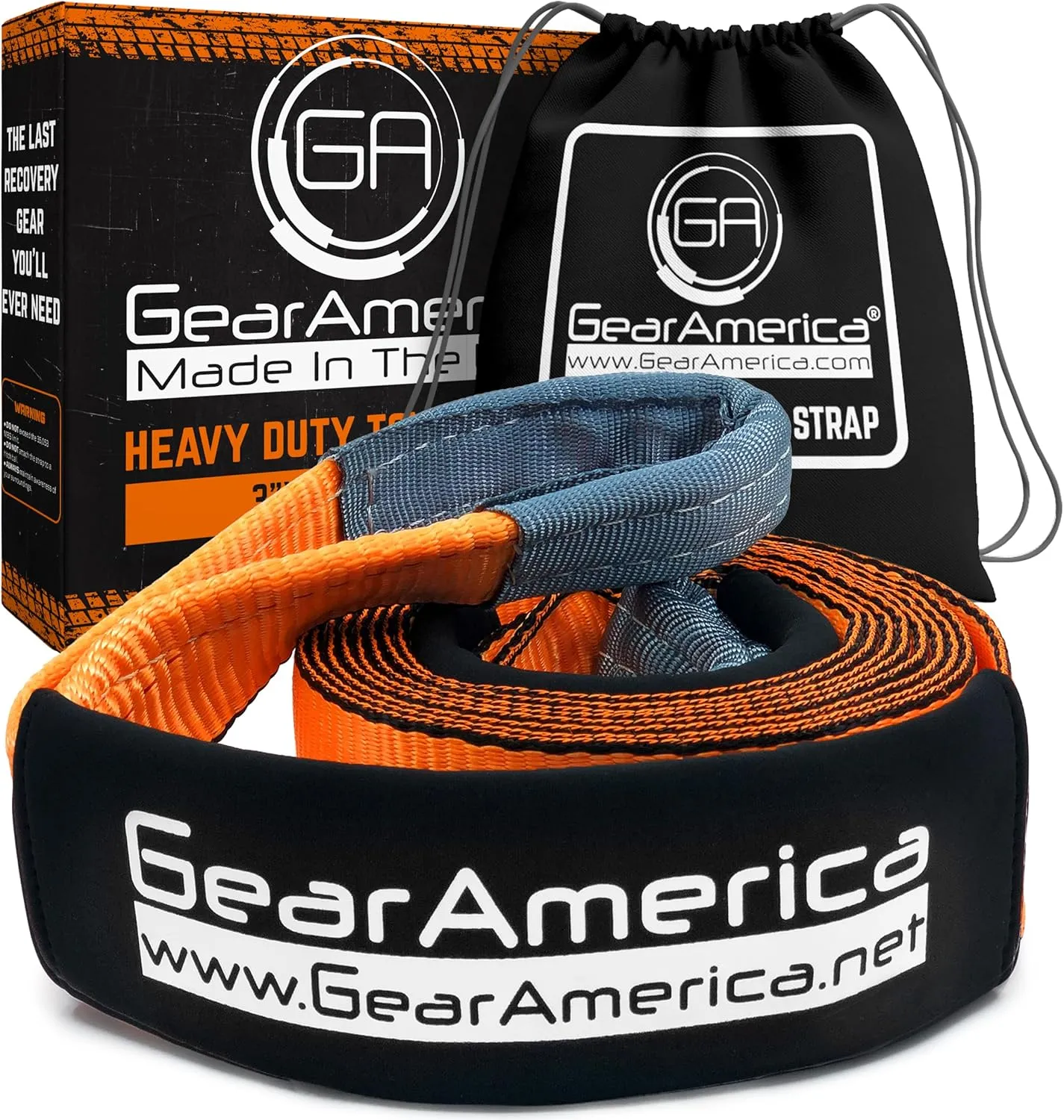 GearAmerica Heavy Duty Tow Strap - 3" x 20' - 35,053 lb Break Strength Tree Saver Winch & Recovery Rope for Offroad - Weather Resistant Triple Reinforced Loop Design