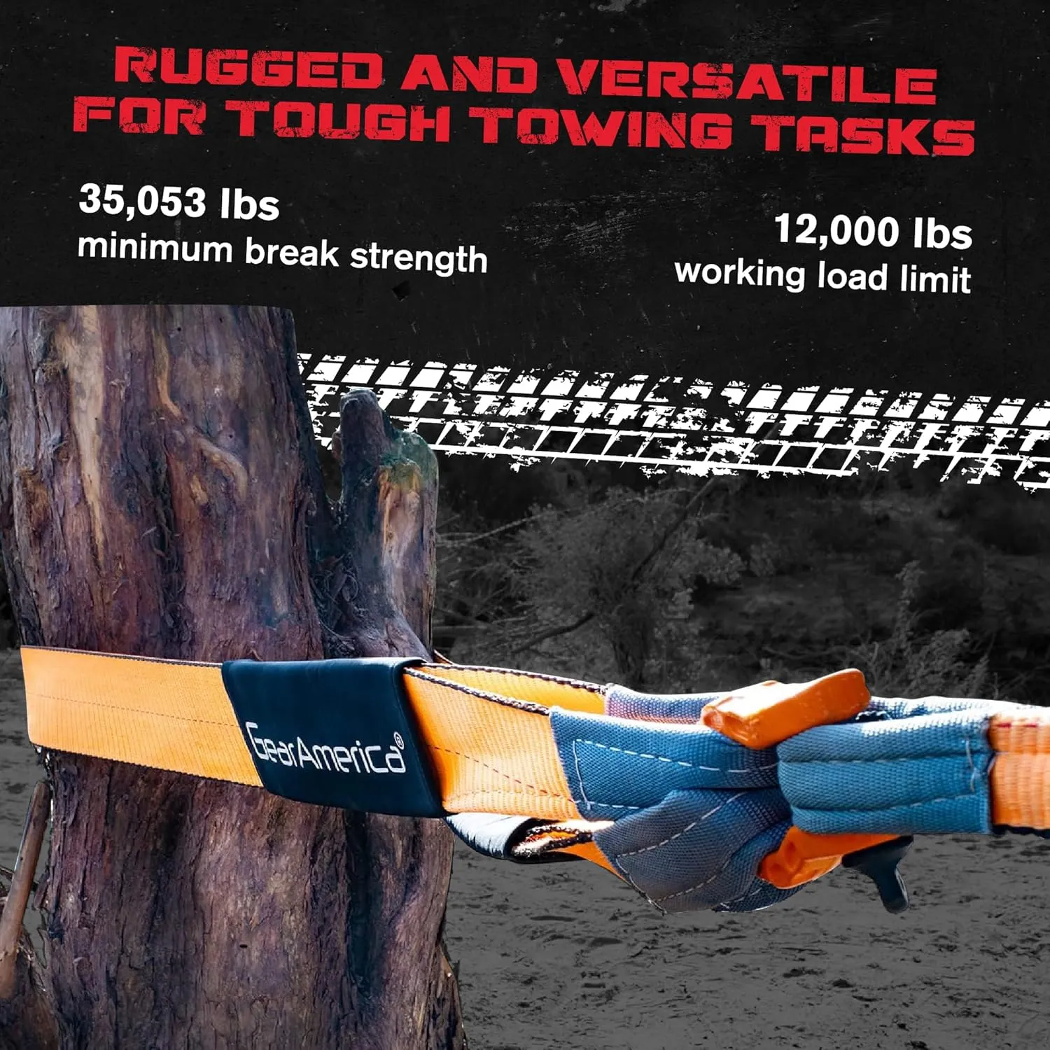 GearAmerica Heavy Duty Tow Strap - 3" x 20' - 35,053 lb Break Strength Tree Saver Winch & Recovery Rope for Offroad - Weather Resistant Triple Reinforced Loop Design