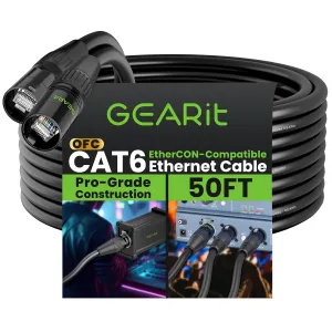 GEARit Shielded CAT6 Ethercon Cable (50 Feet) Professional Audio & Lighting RJ45 EtherCON-Compatible Cable for Studio, Stage, Concerts - 50ft Black