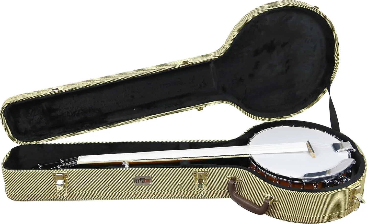 Gearlux 4-String and 5-String Banjo Hard Case with Exterior Lock and Key, Interior Accessory Compartment, and Plush Interior Padding - Tweed