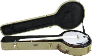 Gearlux 4-String and 5-String Banjo Hard Case with Exterior Lock and Key, Interior Accessory Compartment, and Plush Interior Padding - Tweed
