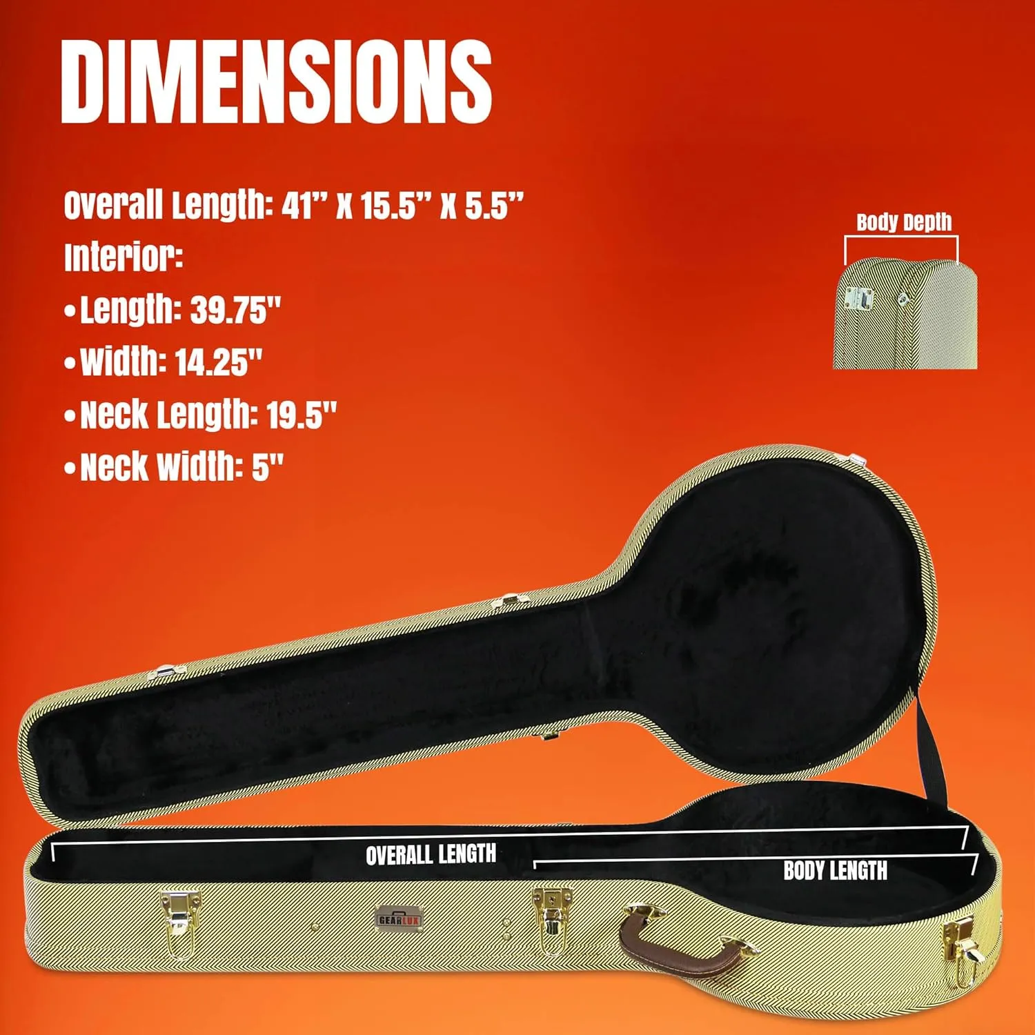 Gearlux 4-String and 5-String Banjo Hard Case with Exterior Lock and Key, Interior Accessory Compartment, and Plush Interior Padding - Tweed