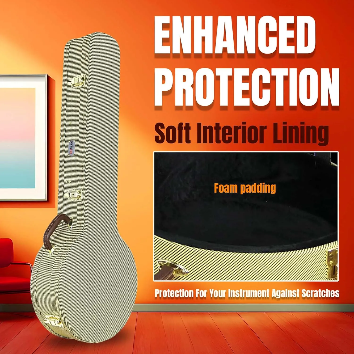 Gearlux 4-String and 5-String Banjo Hard Case with Exterior Lock and Key, Interior Accessory Compartment, and Plush Interior Padding - Tweed