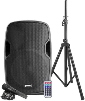 Gemini as Series AS-15BLU-PK Bluetooth Portable Party Speakers Bundle, 15" 2000W Active PA Loudspeaker, Heavy Duty Speaker Stand, Remote, Microphone