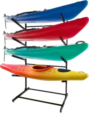 Get Out! Kayak Storage Rack Paddle Boat Stand for Garage, 4 Tier Free Standing Adjustable Outdoor Canoe Holder for Dock with Anchor Points, 420 lb Vertical Stand Alone Outside Paddle Board Floor Stand