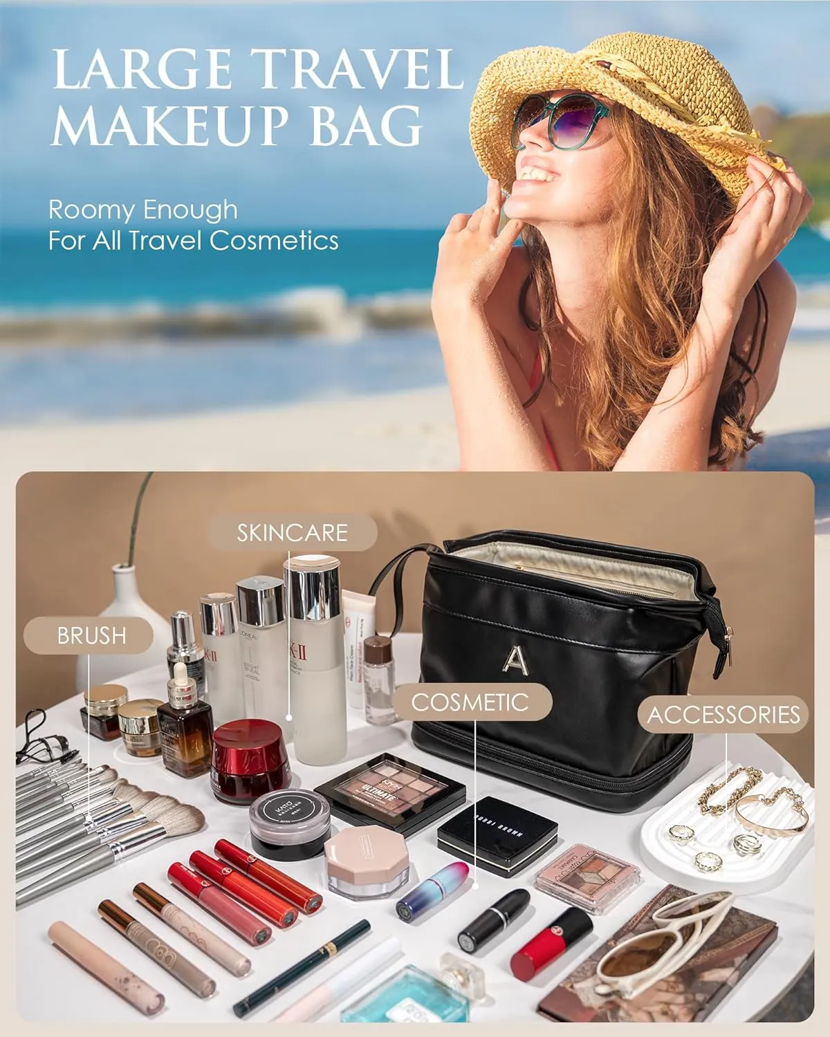 Gifts for Women-Initial Large Makeup Bag, Gift for Women Personalized Double Layer Cosmetic Bag with Makeup Brush Organizer, Teacher Gift, PU Leather Travel Toiletry Bag Graduation Gift
