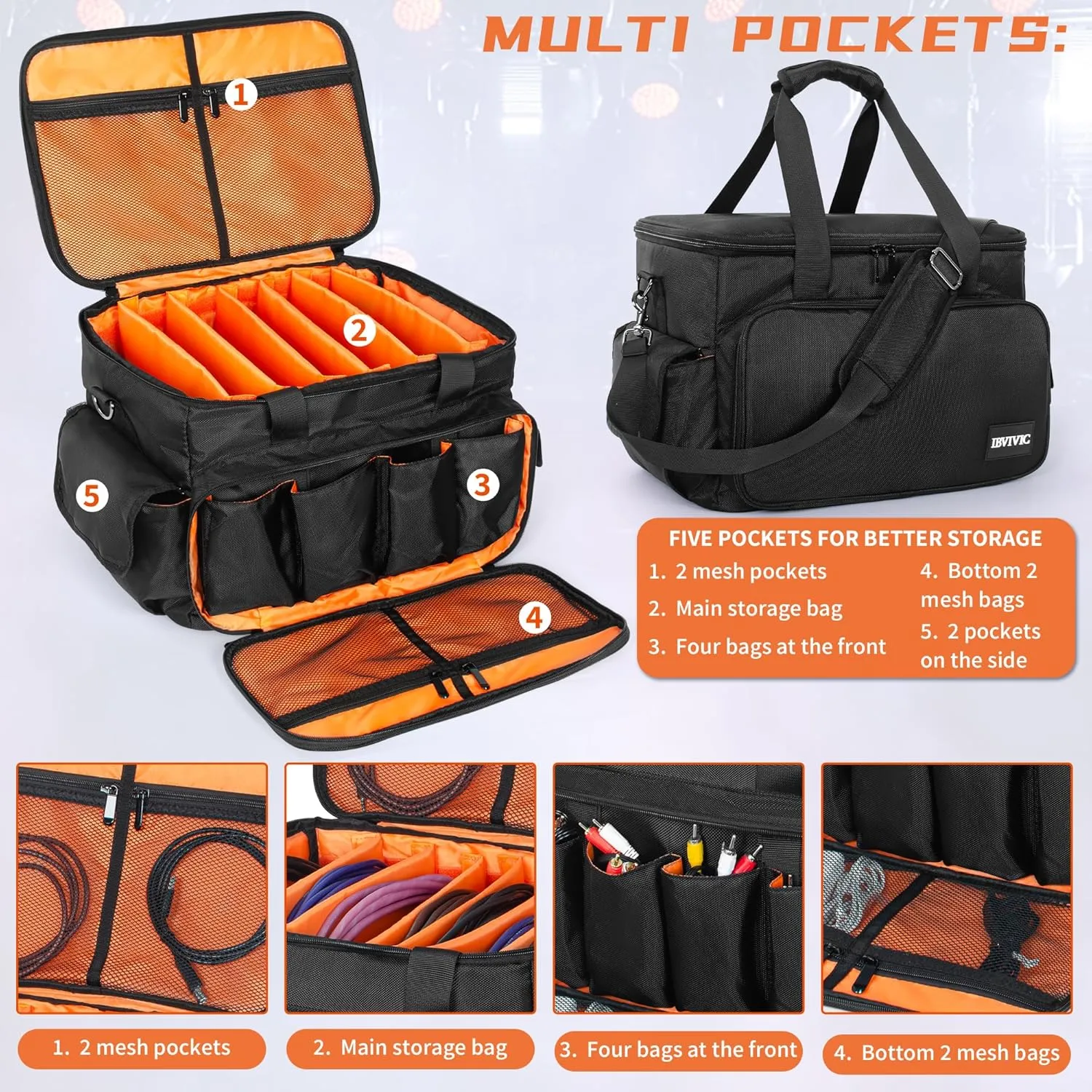 Gig Band Cable File Bag With Adjustable Dividers Dj Gig Bag for Cables, Cords,DJ Gear,Sound Instrument and Accessories 16L x 11W x 12H inch