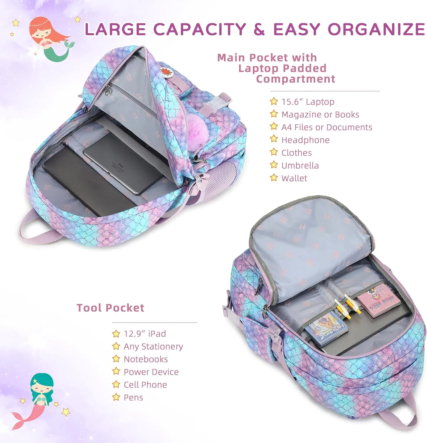 Girls Backpack,15.6 Inch Laptop School Bag Large Primary Elementary Middle College Bookbags Kids Backpacks for Teens Girl Women Students Anti Theft Travel Daypack (Purple)