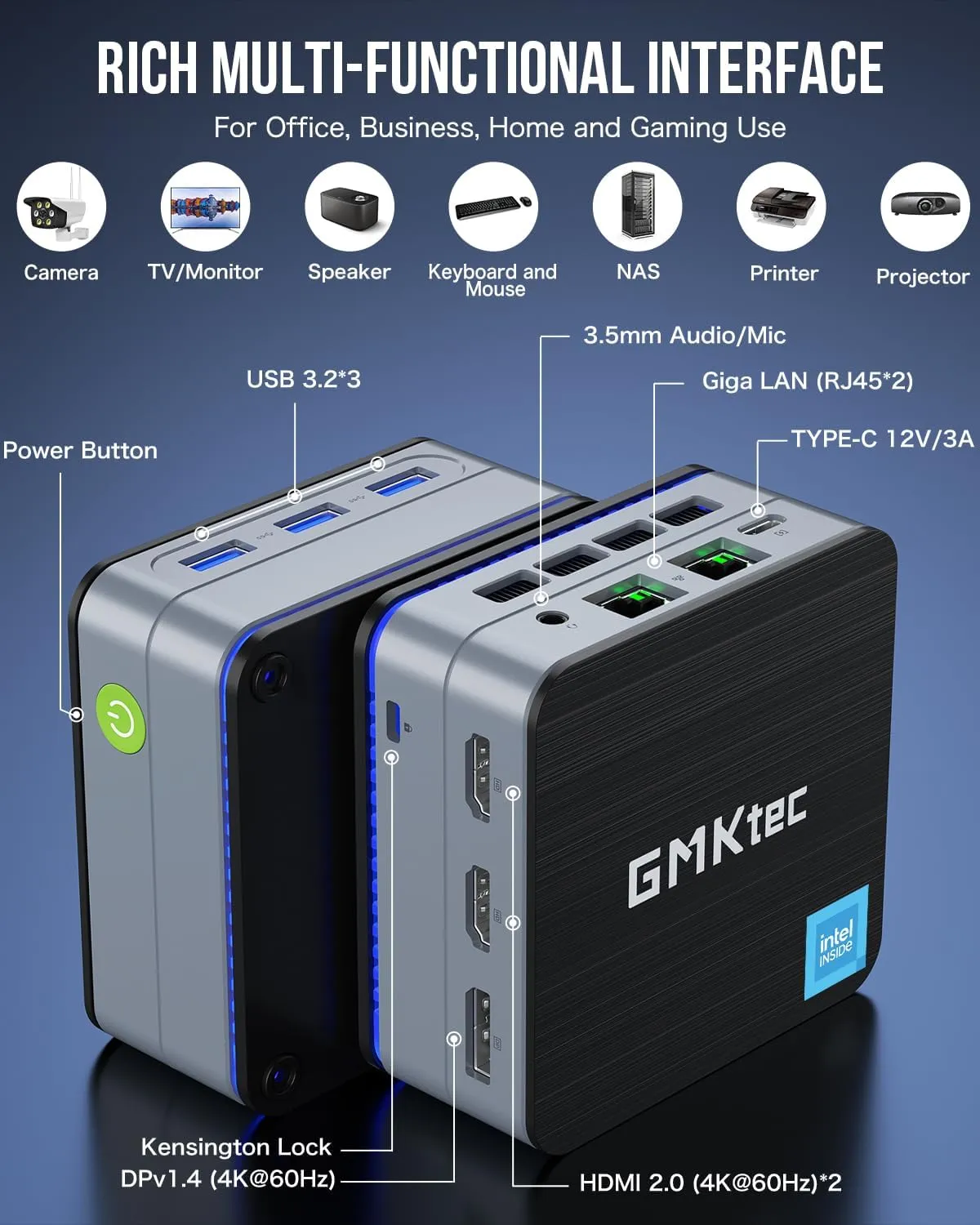 GMKtec Mini PC Intel N150(Turbo 3.6GHz) 12GB DDR5 256GB SSD Dual LAN, Desktop Mini Computer 4K Triple Display, WiFi6, BT5.2, Energy Efficient