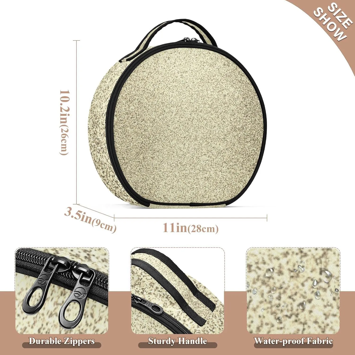 Gold Golden Glitter and Glare Pattern Women's Portable Round Makeup Bag with Handle, Cosmetic Bag, Adjustable Dividers, Travel Cosmetic Storage 11 x 3.5 x 10 inch