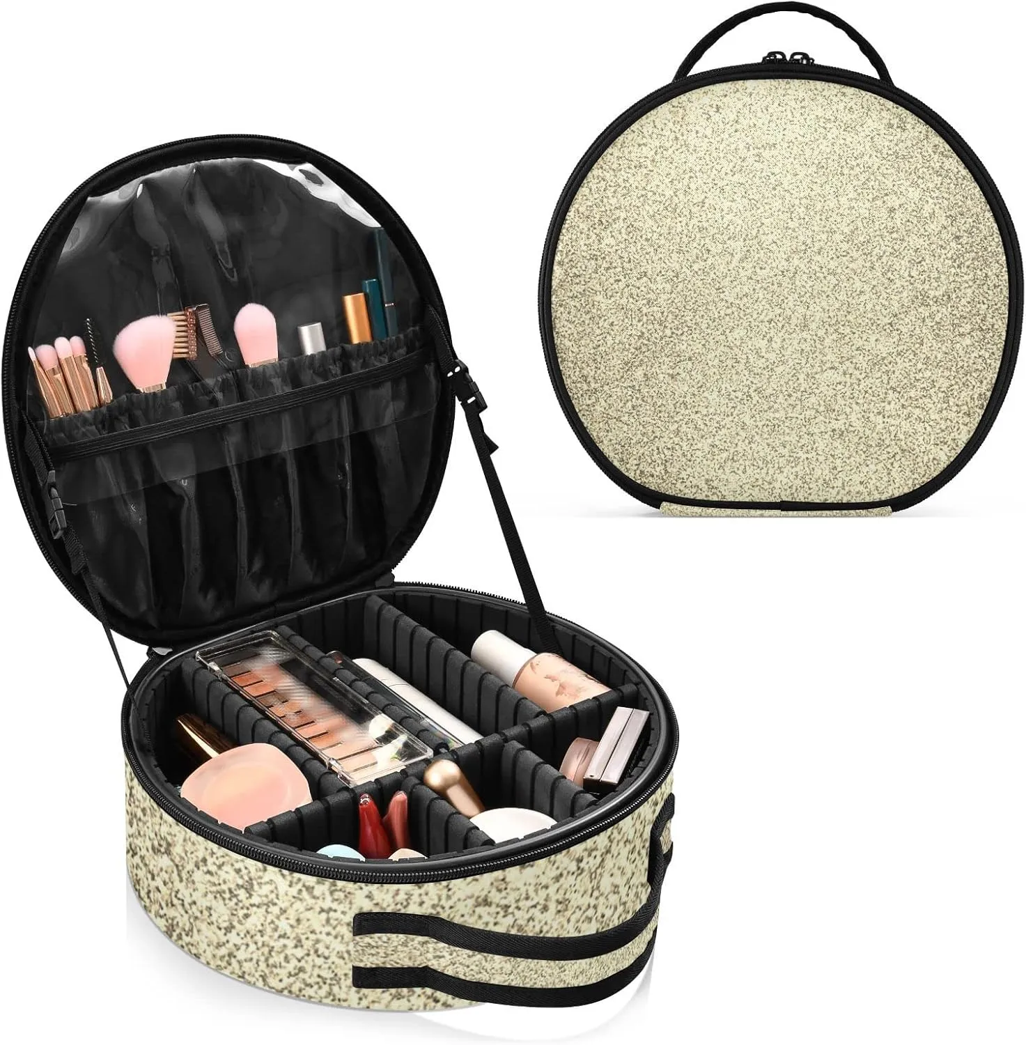 Gold Golden Glitter and Glare Pattern Women's Portable Round Makeup Bag with Handle, Cosmetic Bag, Adjustable Dividers, Travel Cosmetic Storage 11 x 3.5 x 10 inch