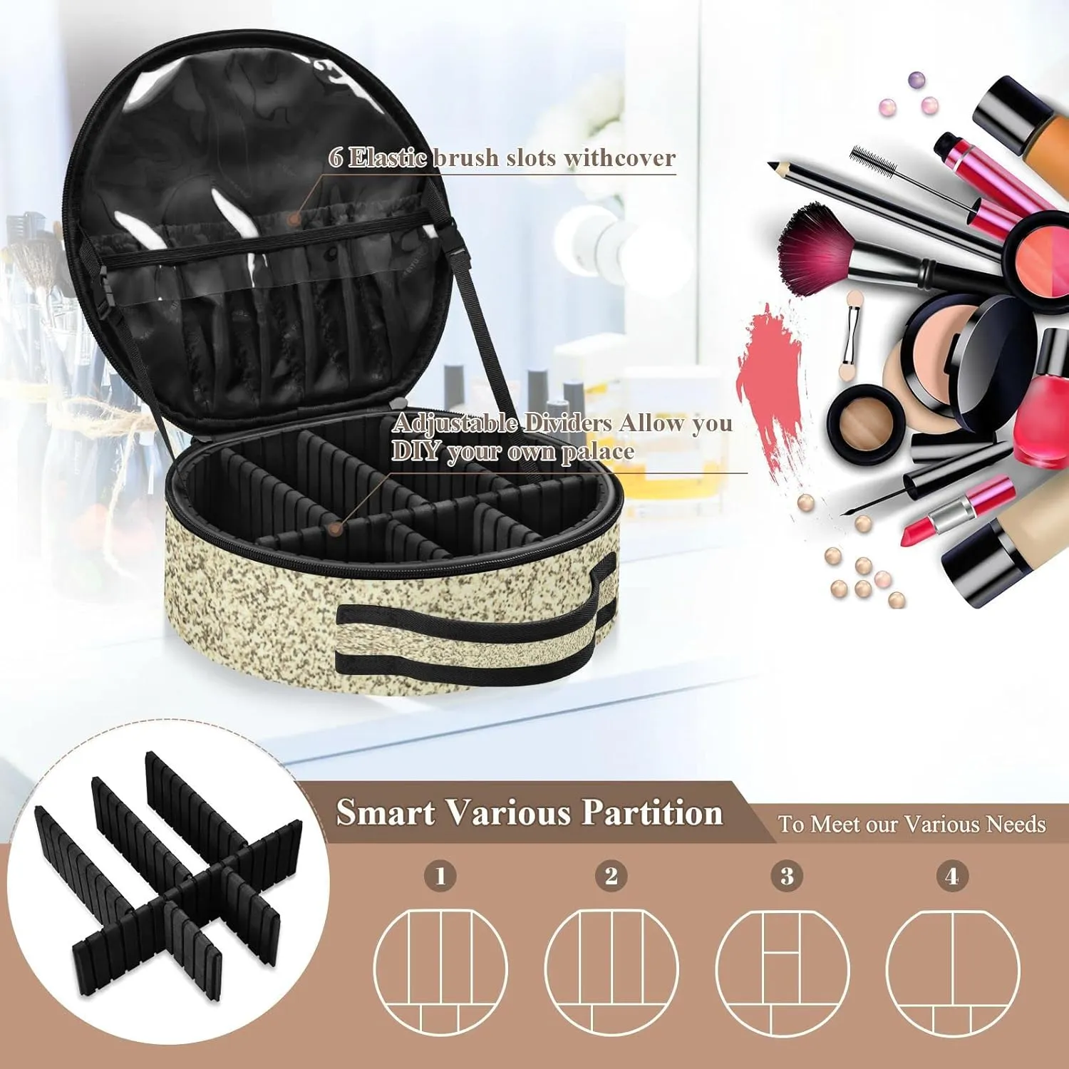Gold Golden Glitter and Glare Pattern Women's Portable Round Makeup Bag with Handle, Cosmetic Bag, Adjustable Dividers, Travel Cosmetic Storage 11 x 3.5 x 10 inch
